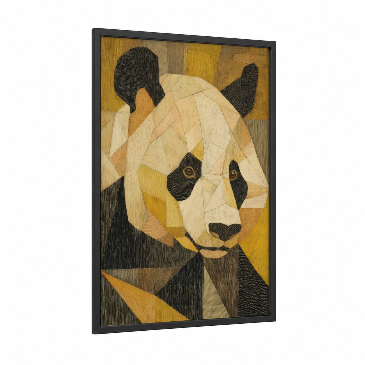 Golden Panda framed art print — black wood frame — gold and black and white palette