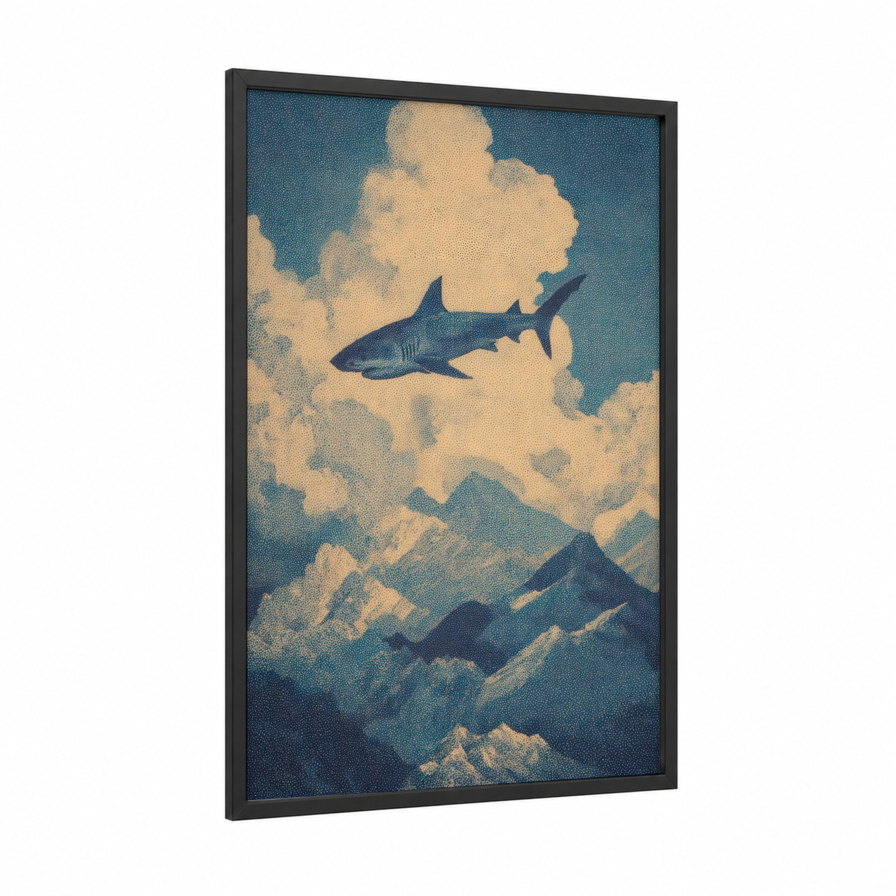 Clouded Bull Shark framed art print — black wood frame — blue and gold and cream palette