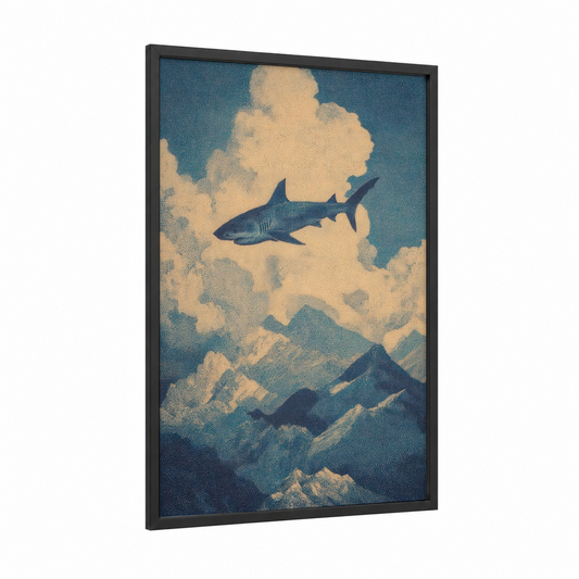 Clouded Bull Shark framed art print — black wood frame — blue and gold and cream palette