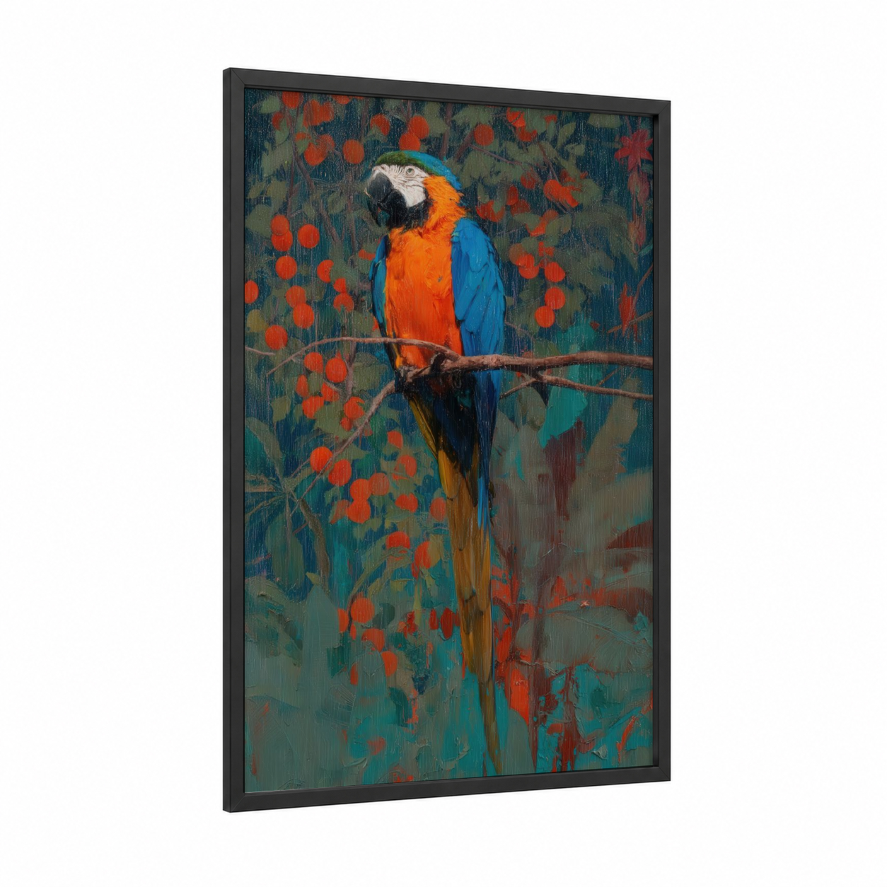 Scarlet Macaw framed art print — black wood frame — orange and blue palette