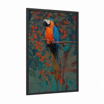 Scarlet Macaw framed art print — black wood frame — orange and blue palette