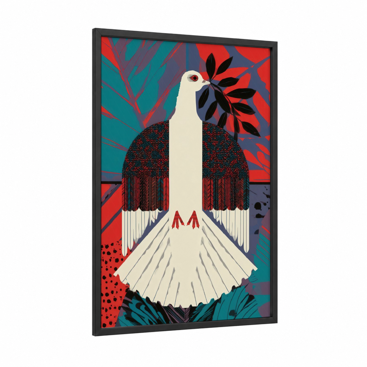 Geometric Dove framed art print — black wood frame — red and teal palette