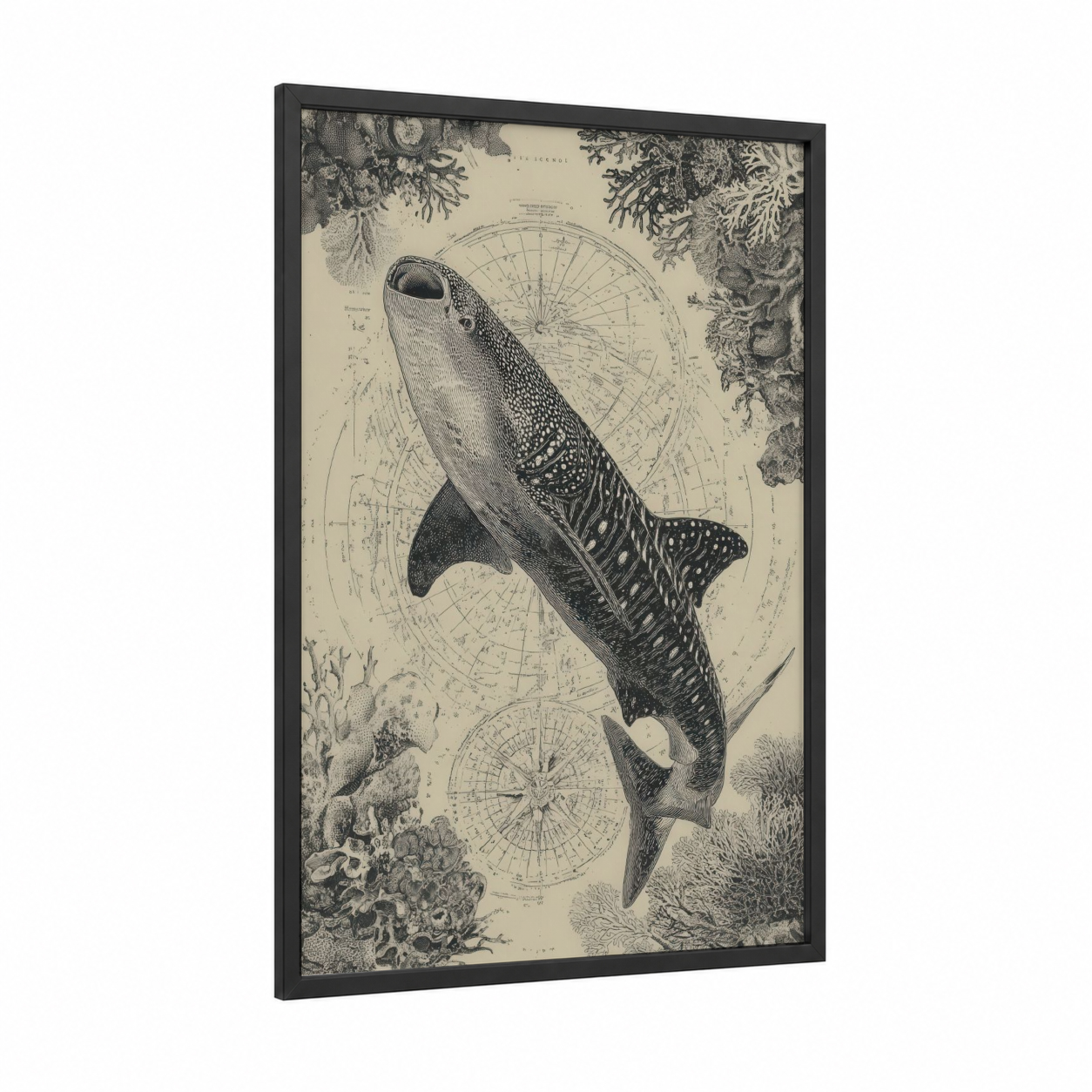Celestial Whale Shark framed art print — black wood frame — cream and black and white palette