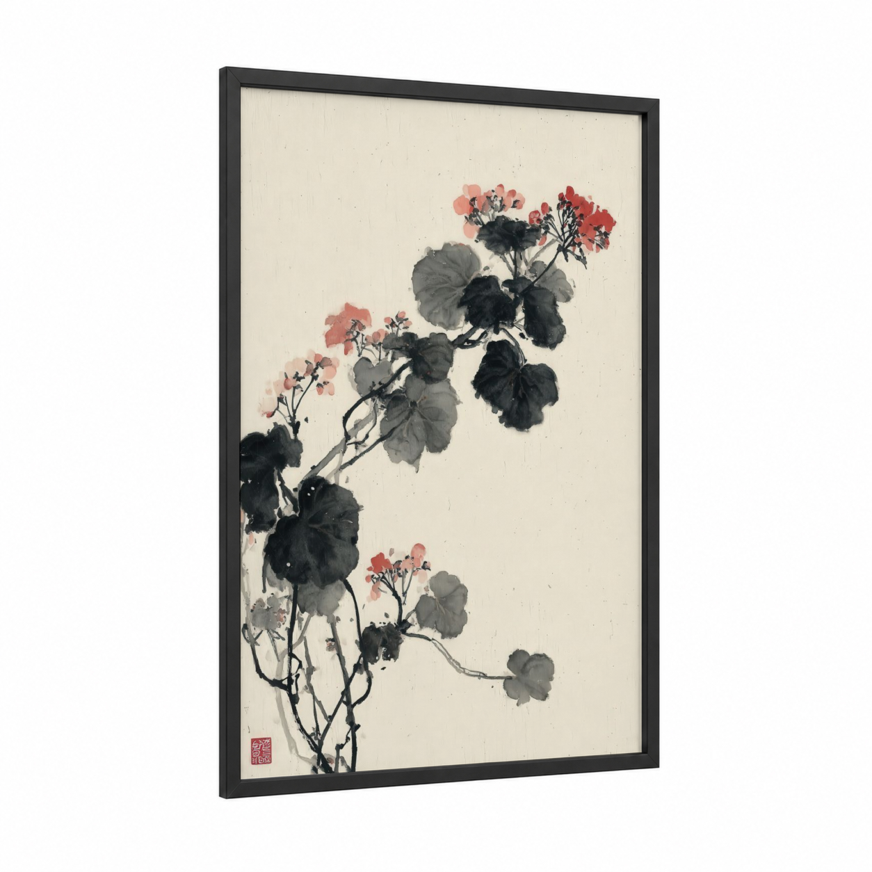 Pink Geranium Branch framed art print — black wood frame — pink and black palette