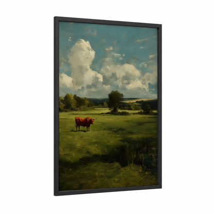 Pastoral Red Bull framed art print — black wood frame — green and blue palette