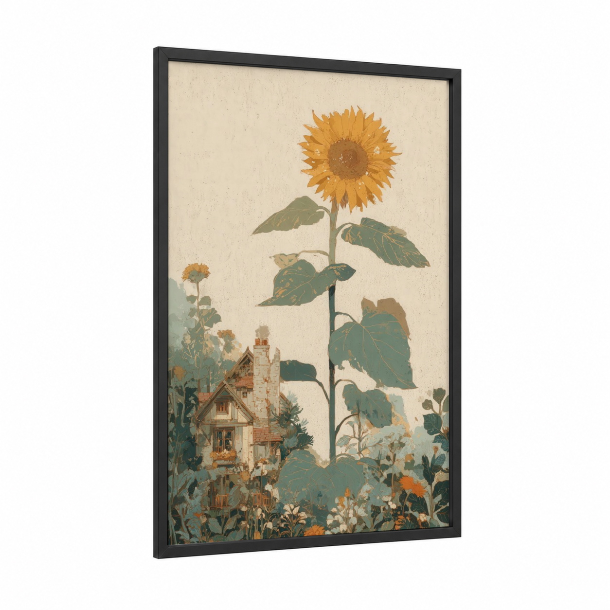 Cottage Sunflower framed art print — black wood frame — gold and sage green palette