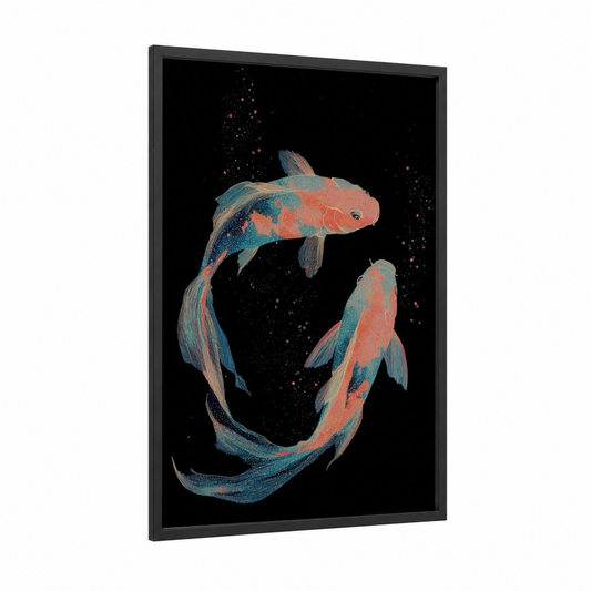 Cosmic Pisces Pair framed art print — black wood frame — teal and salmon pink palette