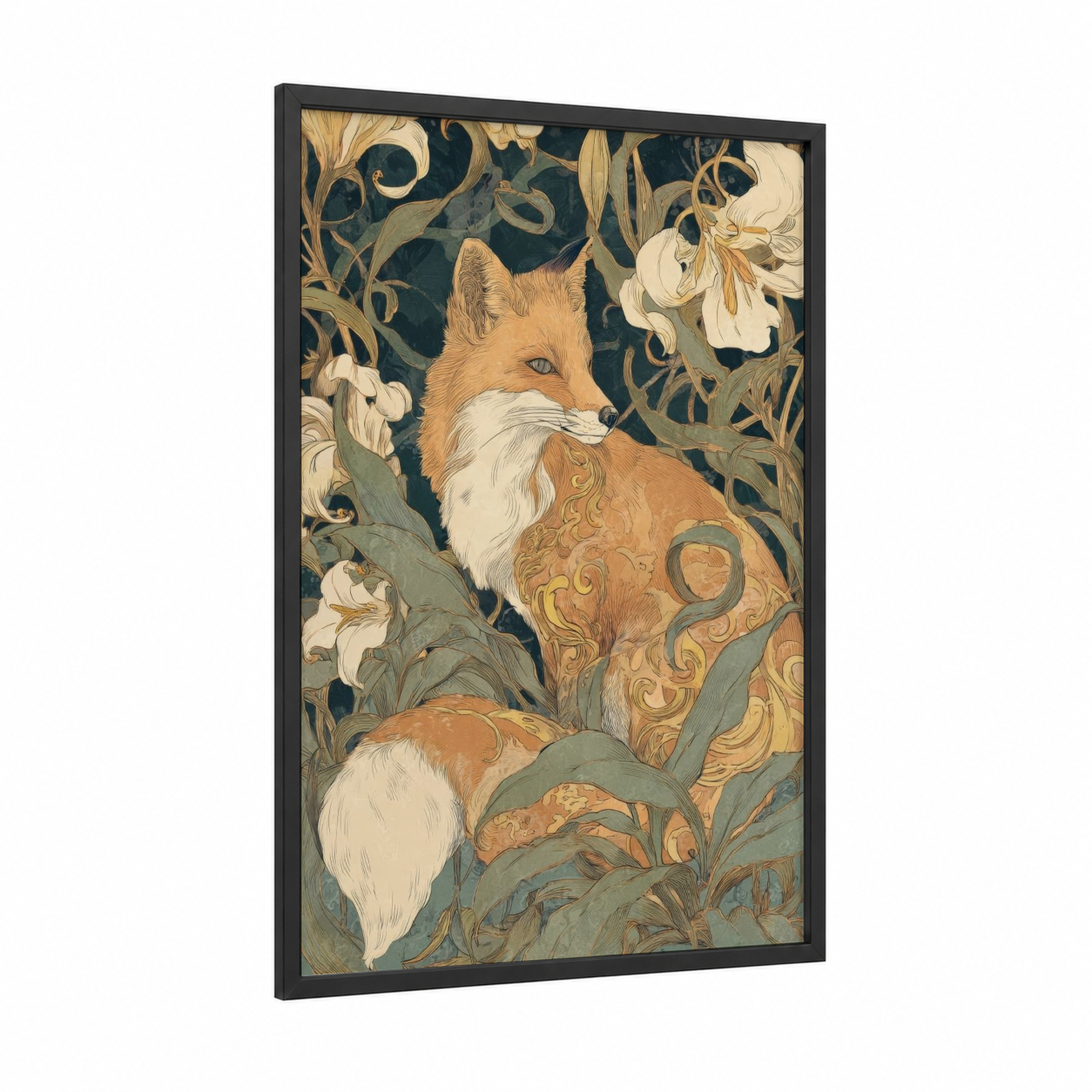 Ornate Fox Portrait framed art print — black wood frame — gold and teal palette