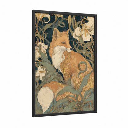 Ornate Fox Portrait framed art print — black wood frame — gold and teal palette