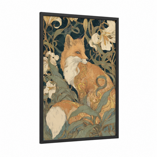 Ornate Fox Portrait framed art print — black wood frame — gold and teal palette