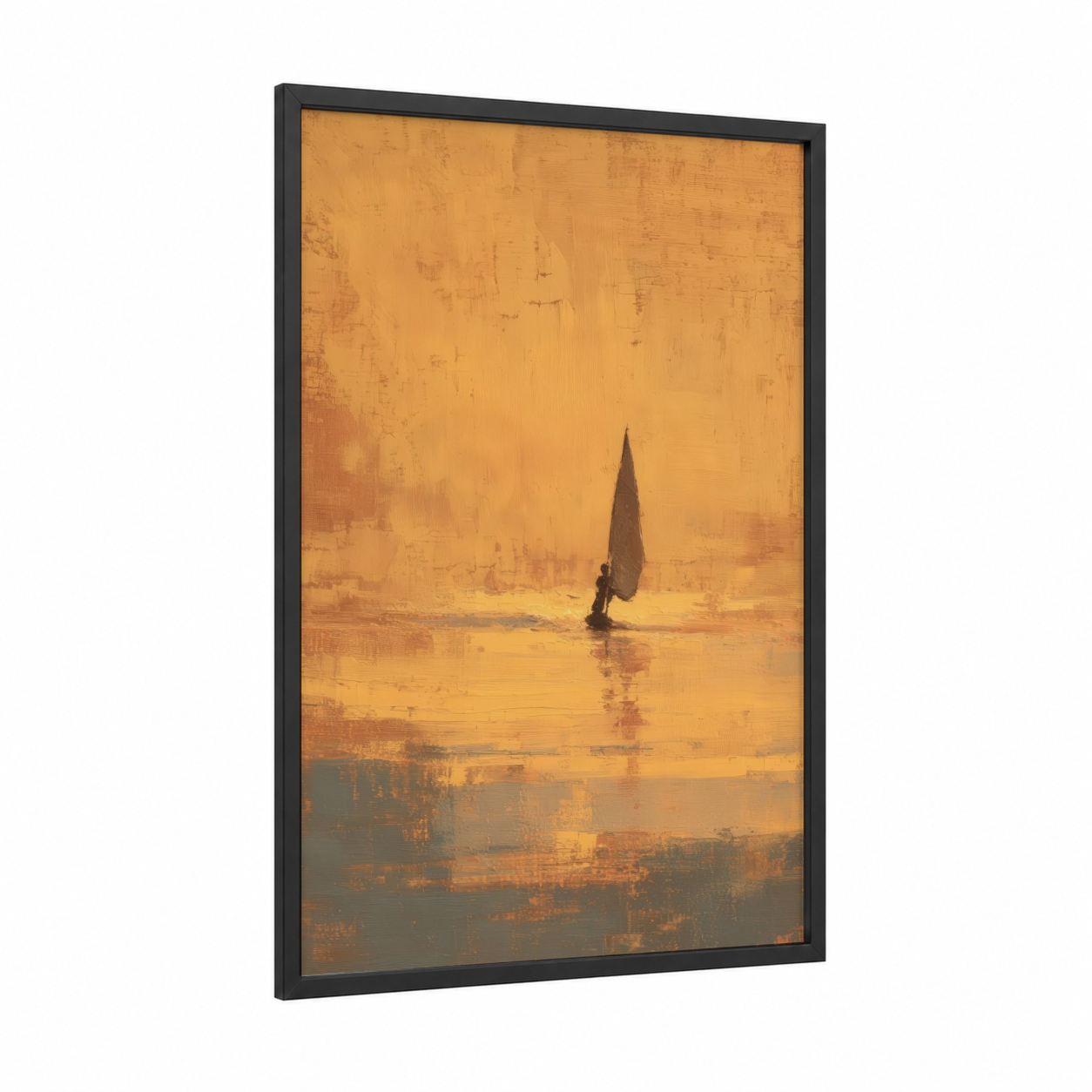 Golden Hour Windsurfing framed art print — black wood frame — gold and gray palette