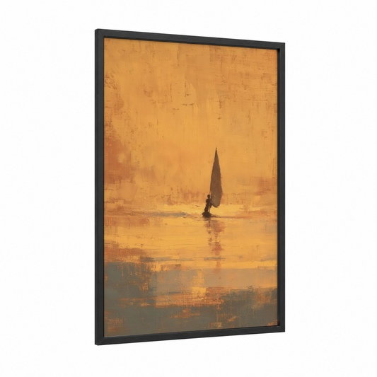 Golden Hour Windsurfing framed art print — black wood frame — gold and gray palette