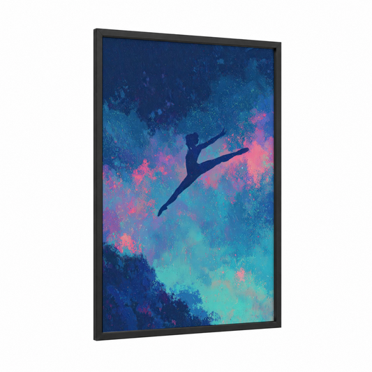 Celestial Gymnast framed gymnastics print — black wood frame — blue and magenta palette