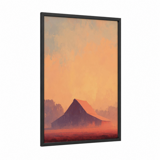 Misty Barn Sunrise framed art print — black wood frame — peach and gold palette