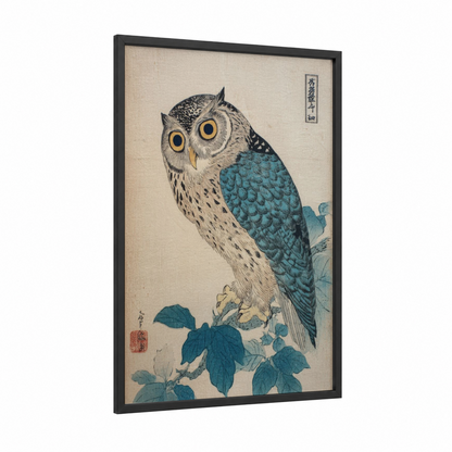 Golden Owl framed art print — black wood frame — teal and cream palette