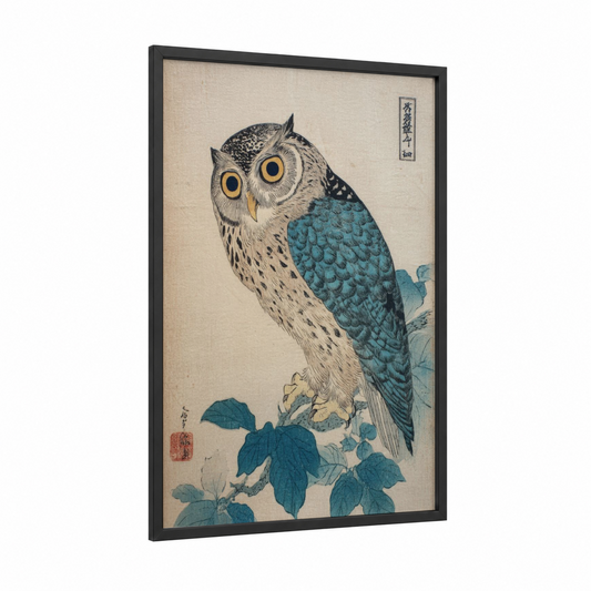 Golden Owl framed art print — black wood frame — teal and cream palette