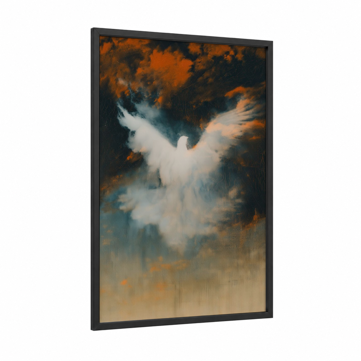 Ethereal Dove framed art print — black wood frame — gold and dark blue palette