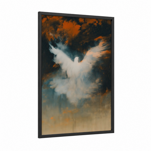 Ethereal Dove framed art print — black wood frame — gold and dark blue palette