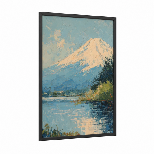 Alpine Fuji Reflection framed mount fuji print — black wood frame — blue and gold palette