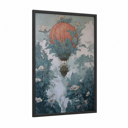 Dreamy Ascent framed hot air baloon print — black wood frame — sage green and peach palette