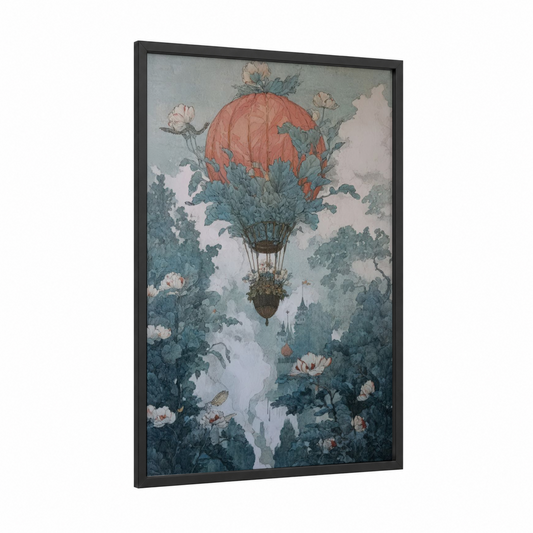 Dreamy Ascent framed hot air baloon print — black wood frame — sage green and peach palette
