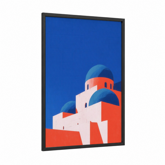 Crimson Mosque framed art print — black wood frame — blue and red palette