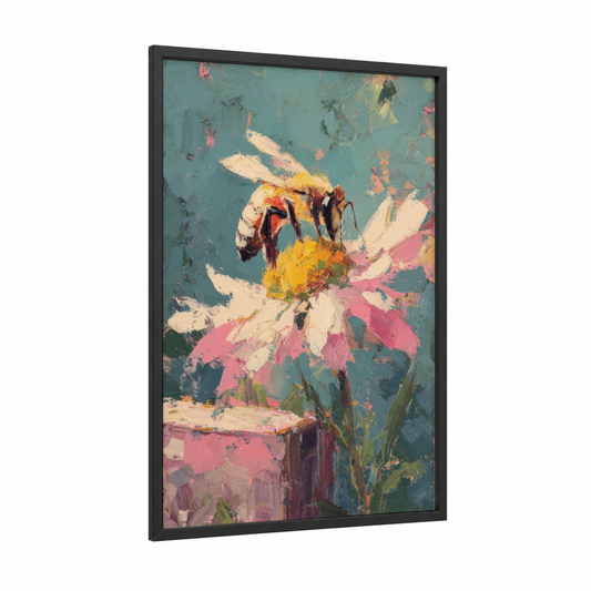 Honey Gatherer framed bee print — black wood frame — teal and pink palette