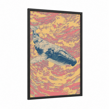 Crimson Whale framed gray whale print — black wood frame — red and yellow gold palette