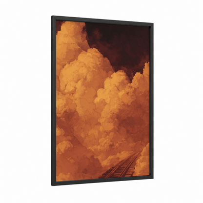 Sunset Train Tracks framed art print — black wood frame — gold and maroon palette