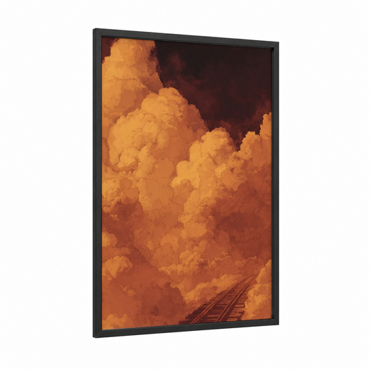 Sunset Train Tracks framed art print — black wood frame — gold and maroon palette