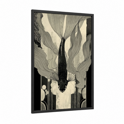 Ascending Zebrafish framed art print — black wood frame — black and white and cream palette