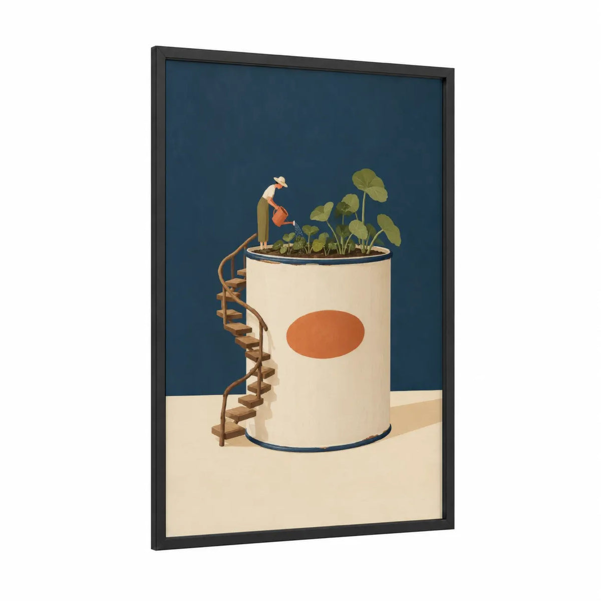 Surreal Gardener with Plants Wall Art framed art print — black wood frame — cream and dark blue palette
