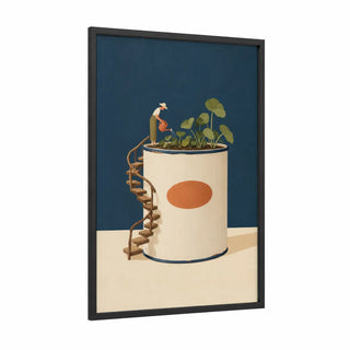Surreal Gardener with Plants Wall Art framed art print — black wood frame — cream and dark blue palette