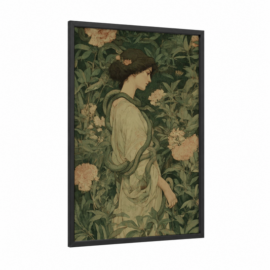 Garden Medusa framed art print — black wood frame — cream and dark green palette