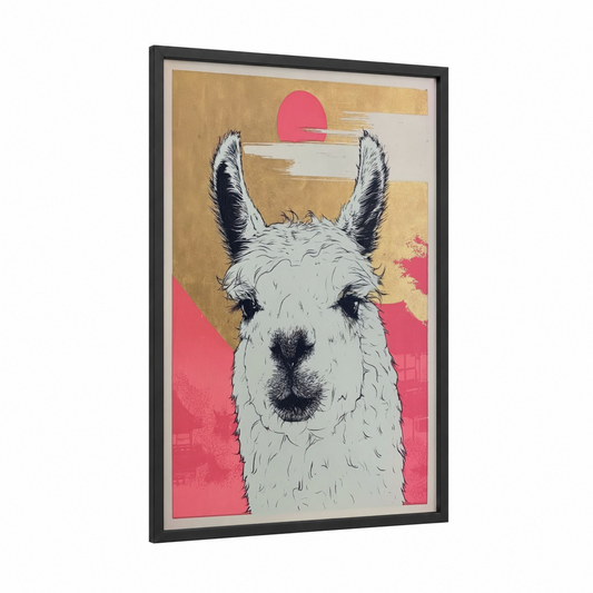 Sunset Alpaca framed art print — black wood frame — gold and magenta palette