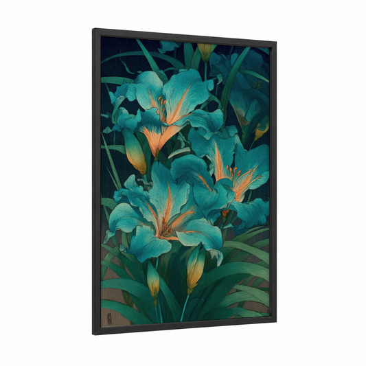 Turquoise Amarillys framed art print — black wood frame — teal and gold palette
