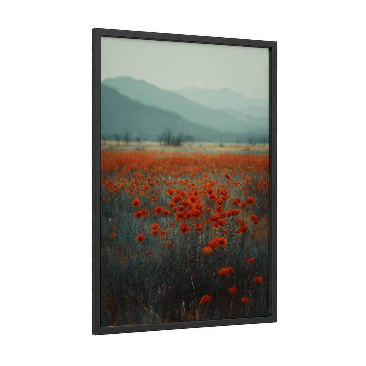 Misty Poppy Field framed poppies print — black wood frame — red and dove gray palette