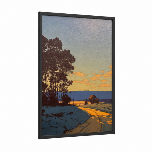 Golden Hour Landscape framed various landscapes print — black wood frame — gold and blue and gold palette