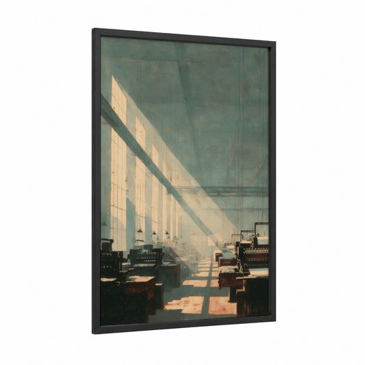 Industrial Sunlight framed factory print — black wood frame — blue and cream palette