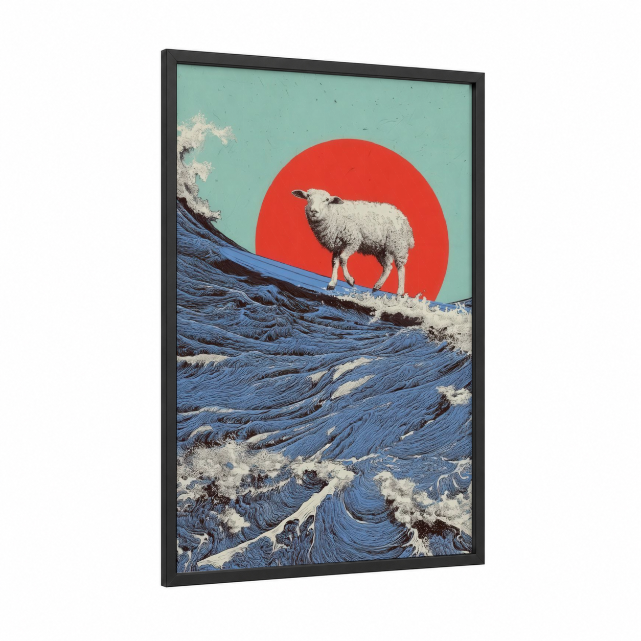 Wave Shepherd framed sheep print — black wood frame — turquoise and red palette