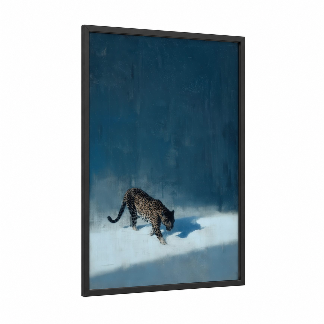 Snow Stalker Jaguar framed art print — black wood frame — dark blue and white palette
