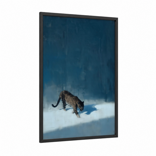 Snow Stalker Jaguar framed art print — black wood frame — dark blue and white palette