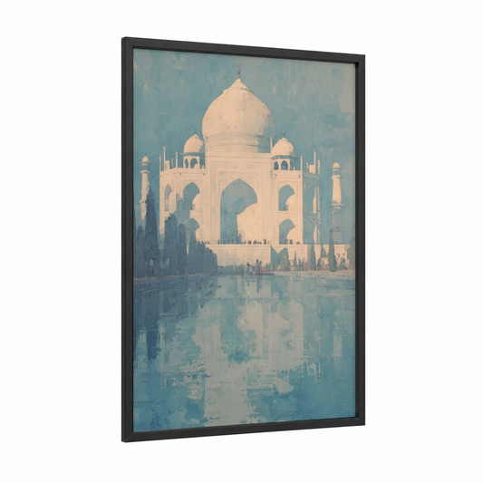 Taj Mahal Reflection framed art print — black wood frame — blue and white and cream palette