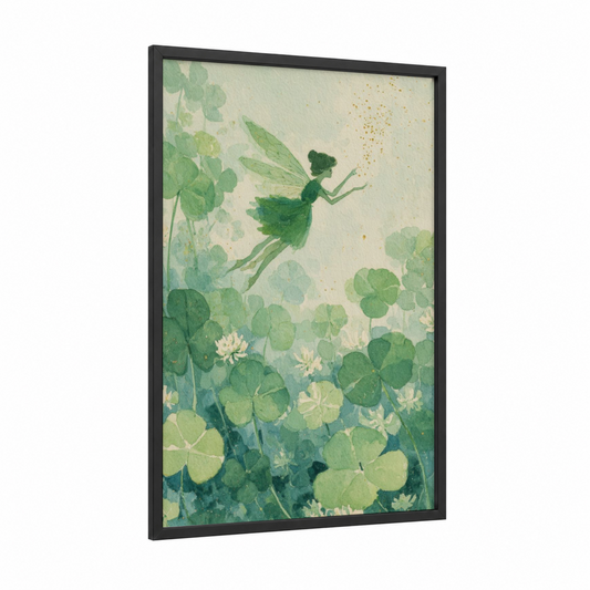 Enchanted Clover Fairy framed st. patrick's day print — black wood frame — light green and cream palette