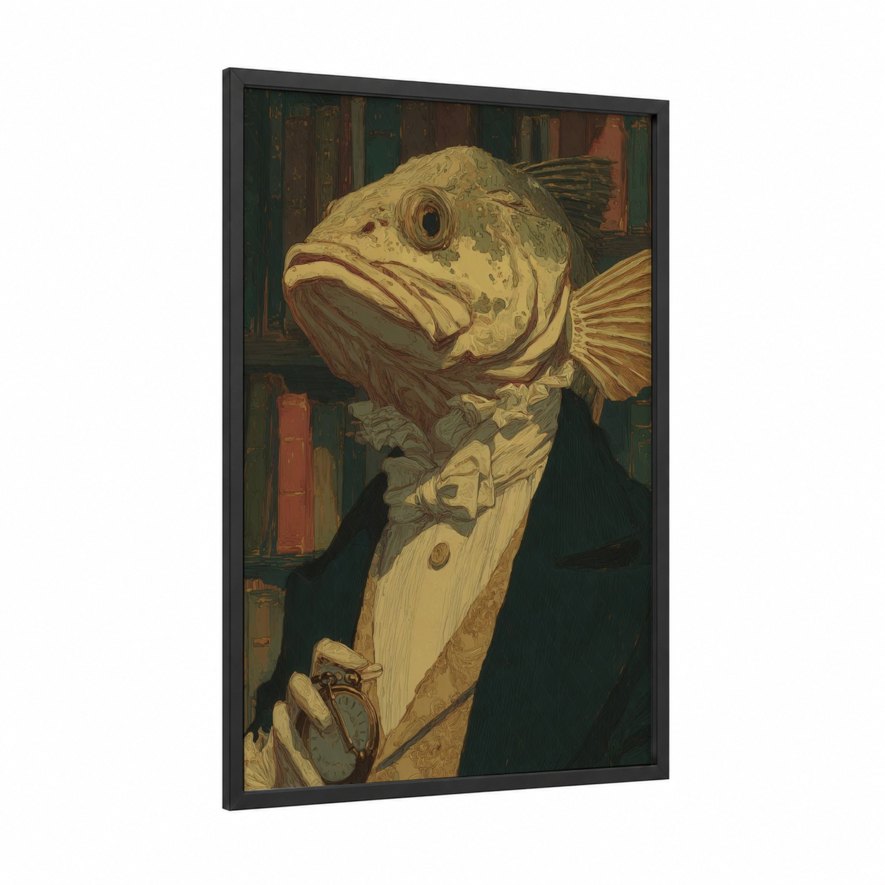 Scholarly Snook framed art print — black wood frame — gold and dark green palette