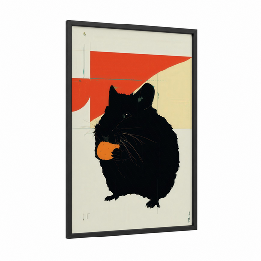 Snacking Hamster framed art print — black wood frame — black and red palette