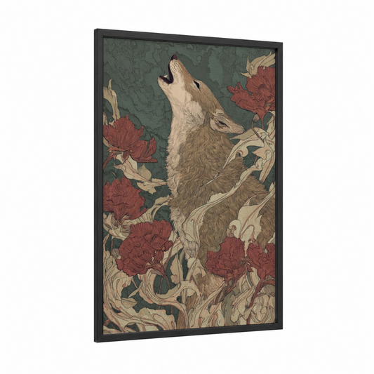 Howling Coyote framed art print — black wood frame — sage green and russet palette