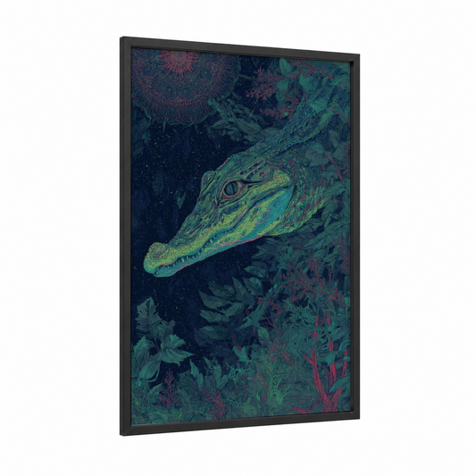 Emerald Alligator framed art print — black wood frame — dark blue and true green palette