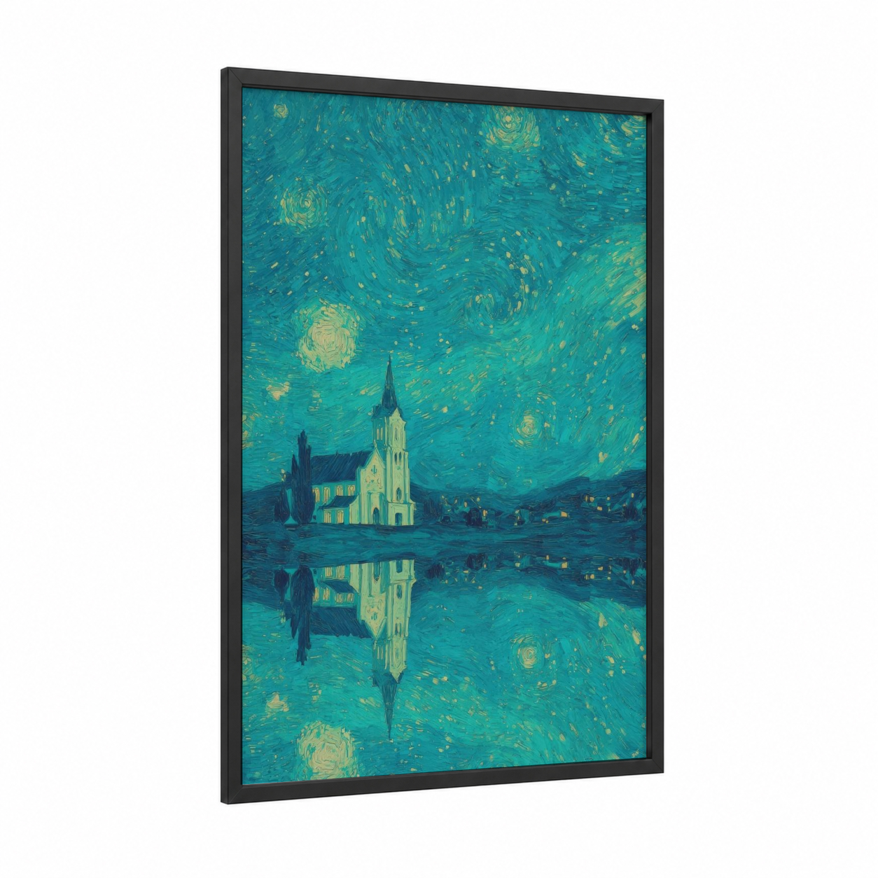 Starlit Chapel Reflection framed churches and chapels print — black wood frame — teal and gold palette