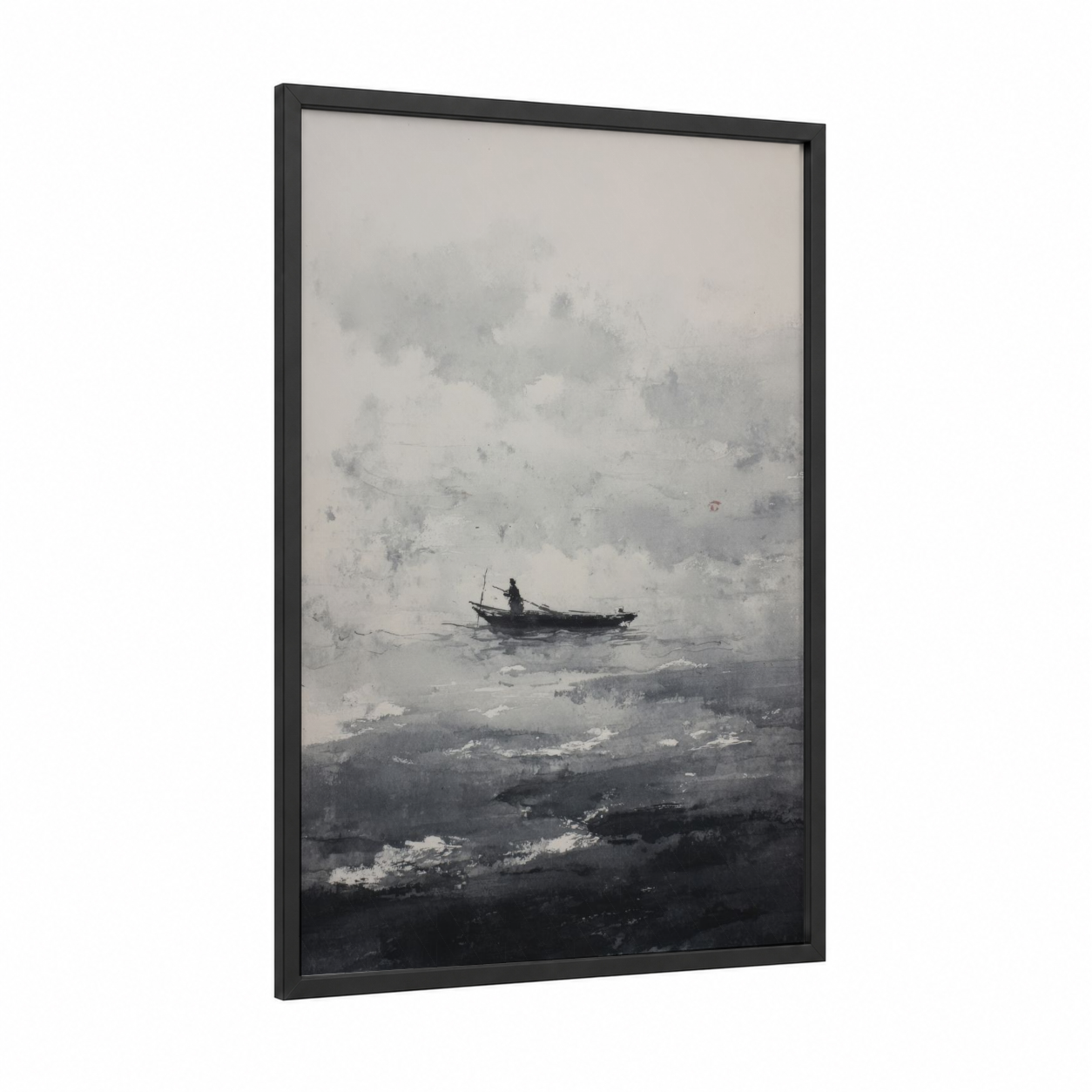 Misty Fisherman framed seascapes and ocean print — black wood frame — gray and white and dove gray palette